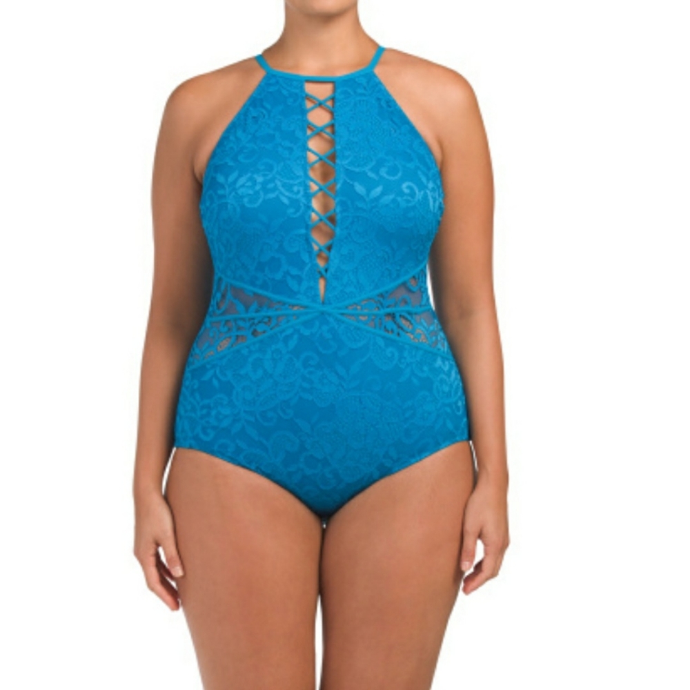 Profile by Gottex Blue Lace High Neck Swimsuit New